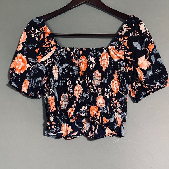 NWT BOG Collective Blue Floral Smocked Blouse M - Picture 1 of 7
